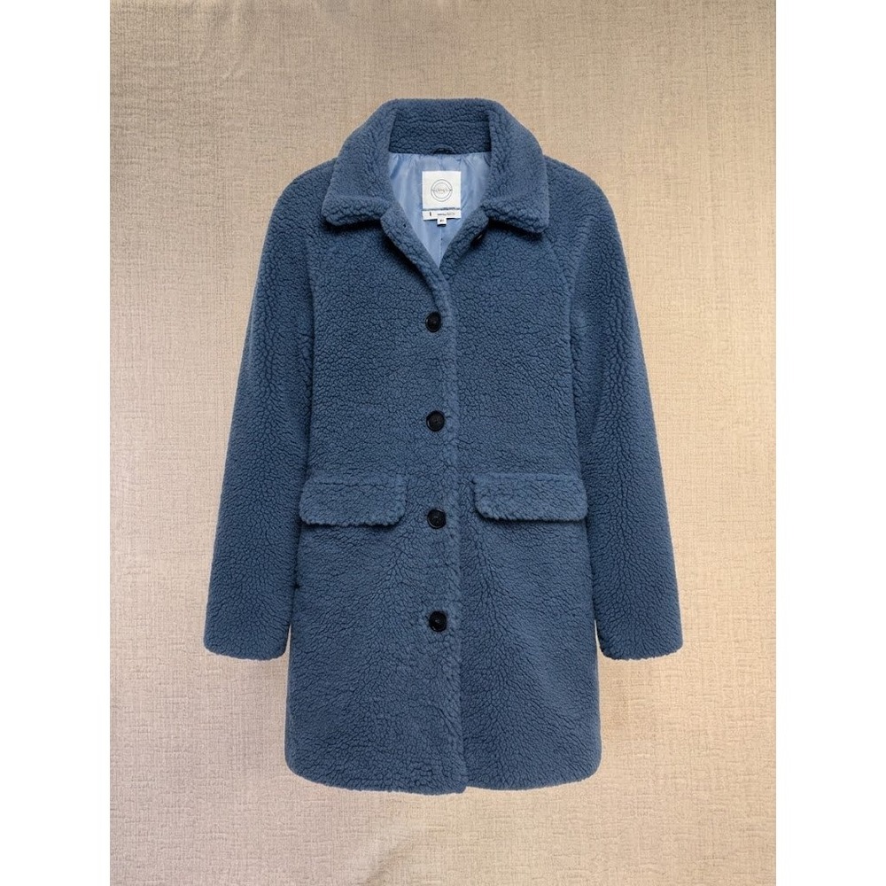 Stoosh Womens Blue Teddy Bear Faux Fur Sherpa Button Front Coat Jacket Medium